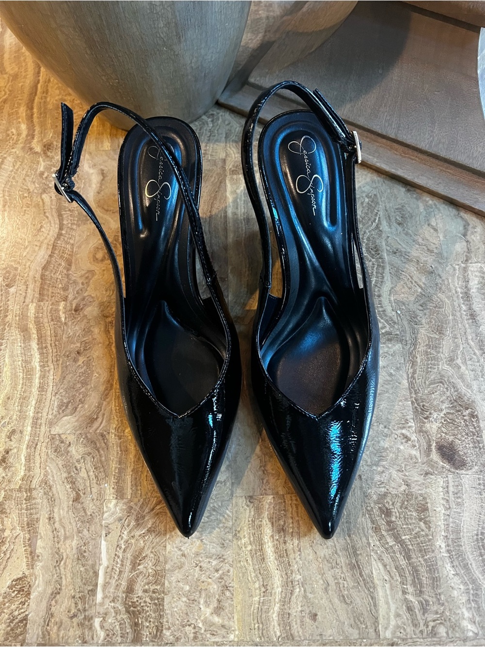 Jessica Simpson Black Patent Pointed Slingback Heels